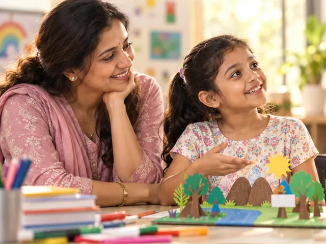 A mother smiling at her daughter as she explains her school project