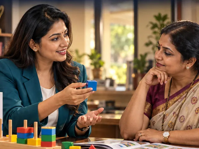 An education partner demonstrating learning blocks to a school principal