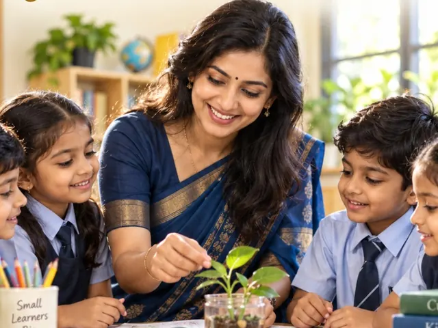 A teacher in a blue saree showing a young plant to her students