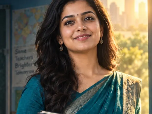 A smiling teacher in a teal saree holding a book in her classroom