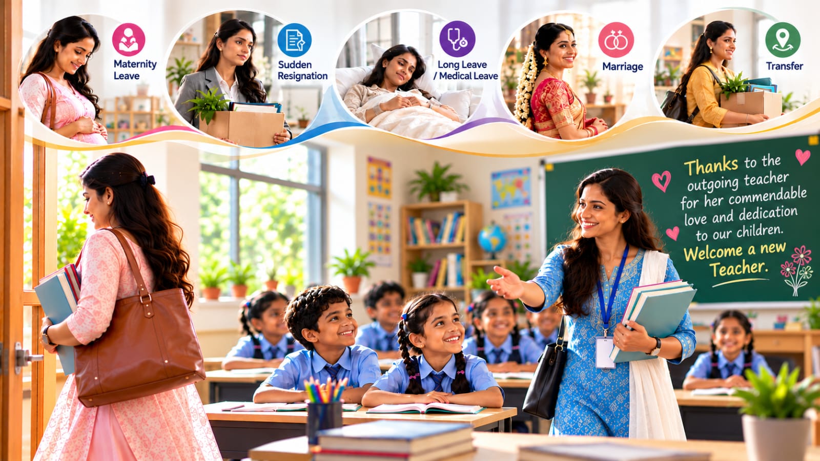A teacher stepping into a classroom, ready to cover